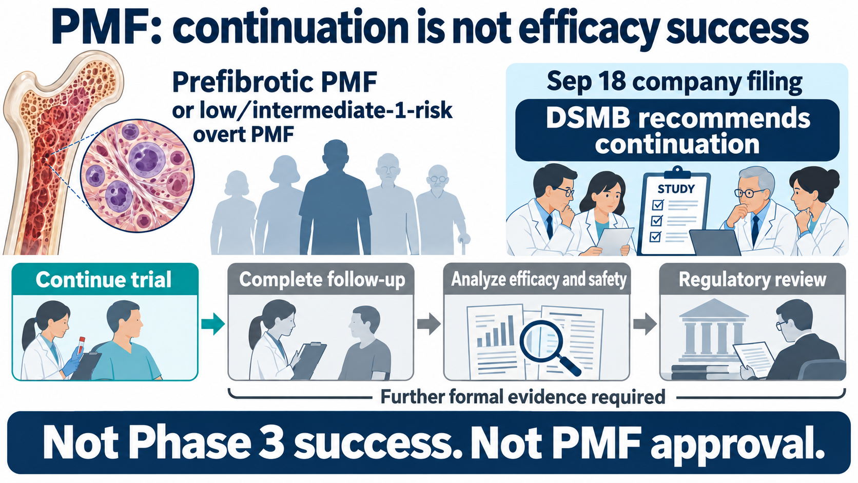 The specific PMF study continues; follow-up, analysis and regulatory review still require formal evidence. This is not approval.