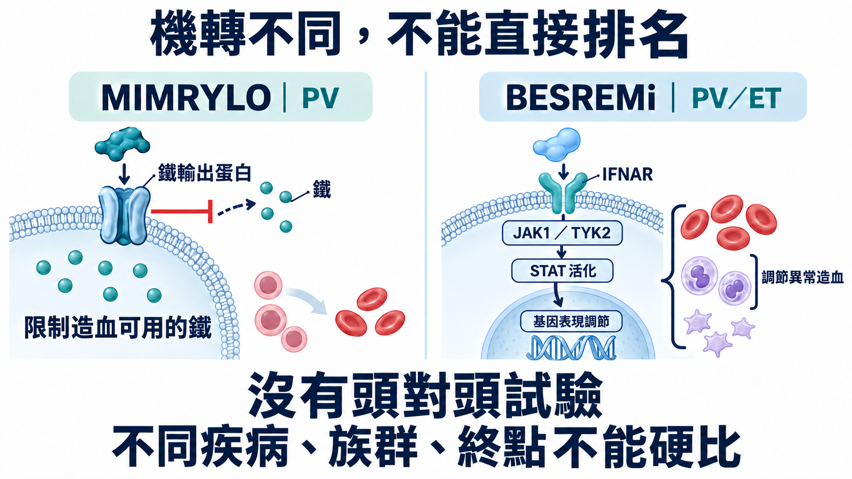 MIMRYLO 經鐵輸出蛋白限制可用鐵，BESREMi 經干擾素訊號調節異常造血；沒有頭對頭試驗。