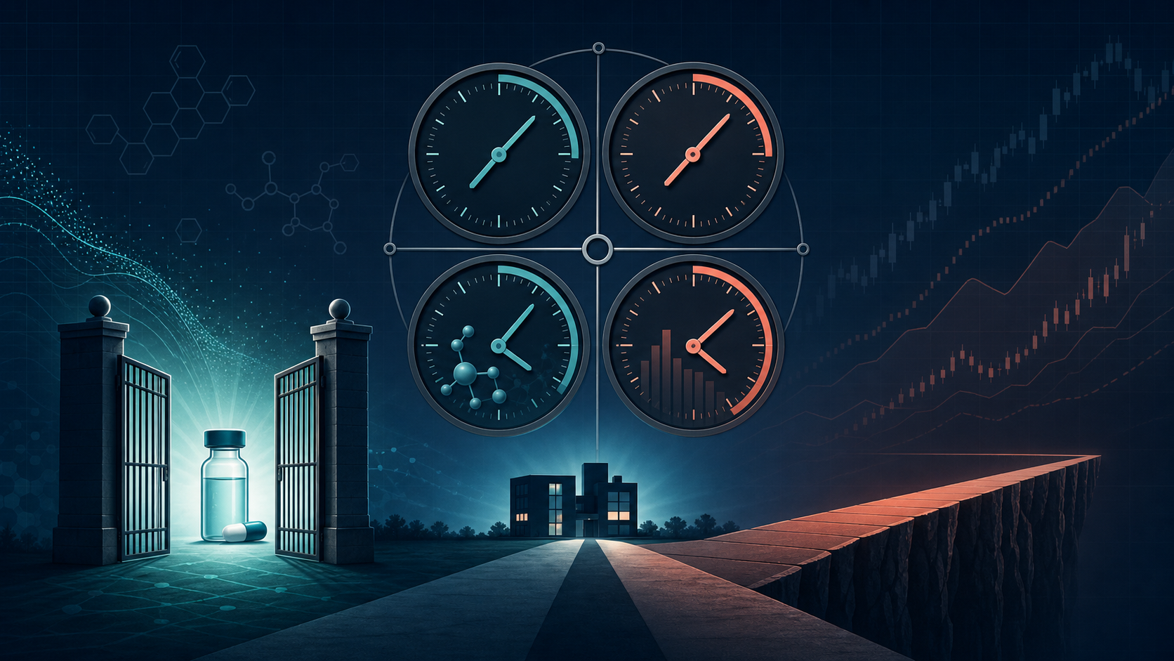 Editorial visualization of four clocks governing a biotech company's post-approval commercialization runway