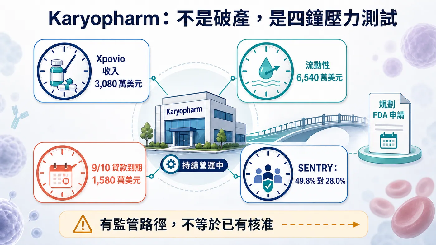 圖 3｜Karyopharm 壓力測試：產品收入、現金、債務與新適應症同時倒數