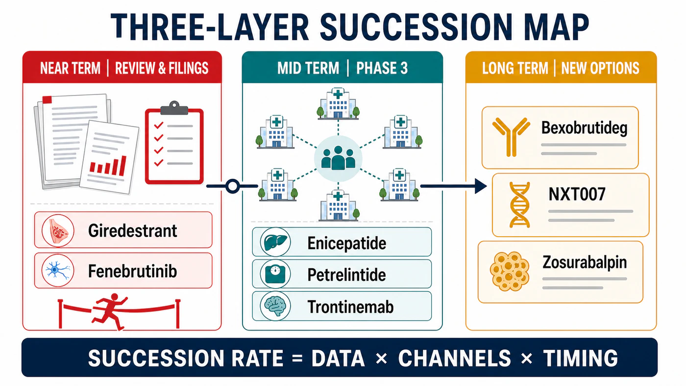 Roche's near-term filings, mid-term phase 3 programs, and longer-term options form a three-layer succession map