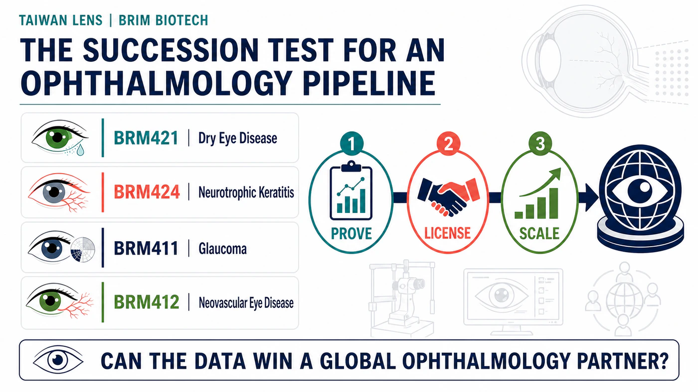 BRIM Biotechnology's four ophthalmology assets face a prove, license, and scale succession test