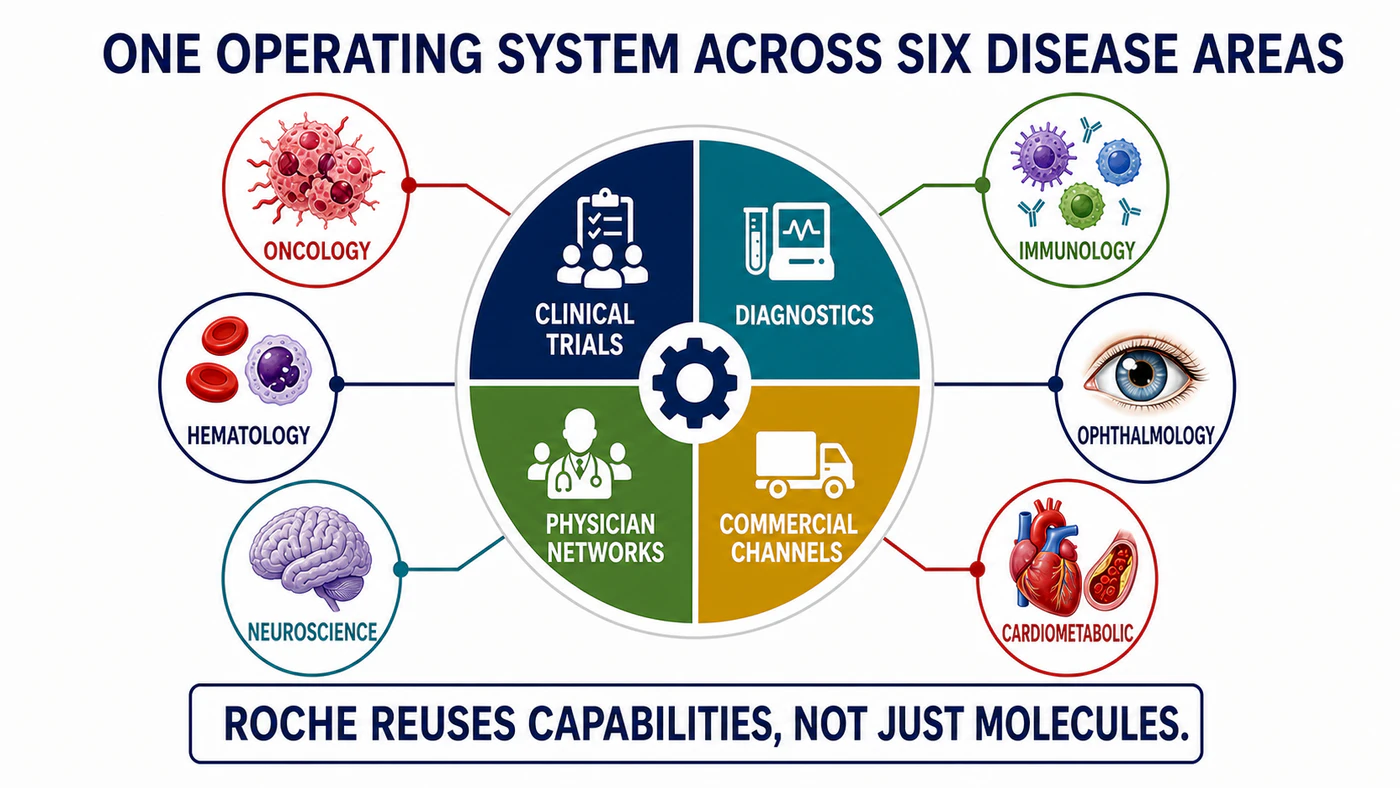 Roche reuses clinical trials, diagnostics, physician networks, and commercial channels across six disease areas