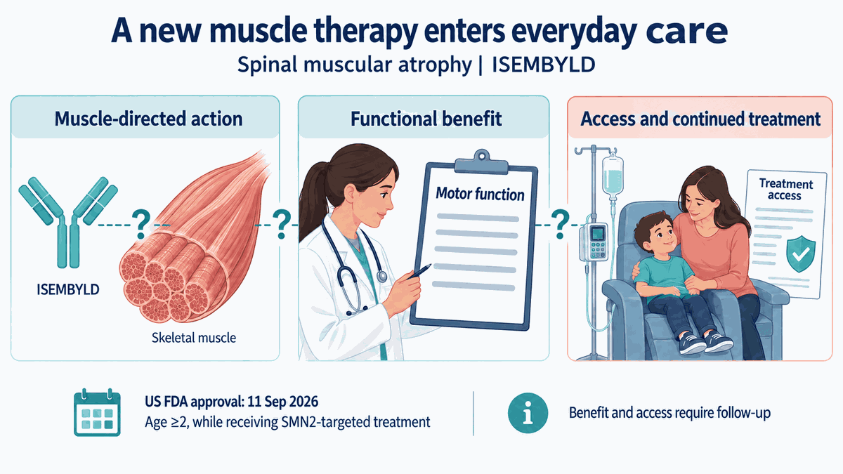 A muscle-directed treatment option is shown alongside patient assessment, payment documents and an infusion-care setting, connecting the new therapy with the practical steps needed for everyday use.