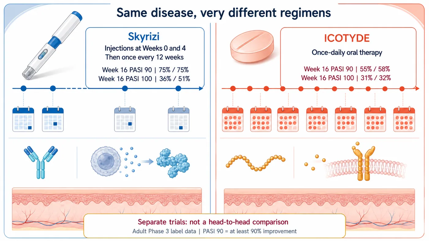 Figure 2 | Skyrizi and ICOTYDE use very different regimens, and their label results come from separate trials rather than a head-to-head comparison
