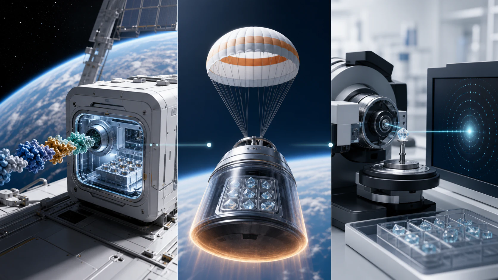 A SpaceX launch, orbital crystal growth, a reentry capsule, and terrestrial analysis form a microgravity pharmaceutical research loop