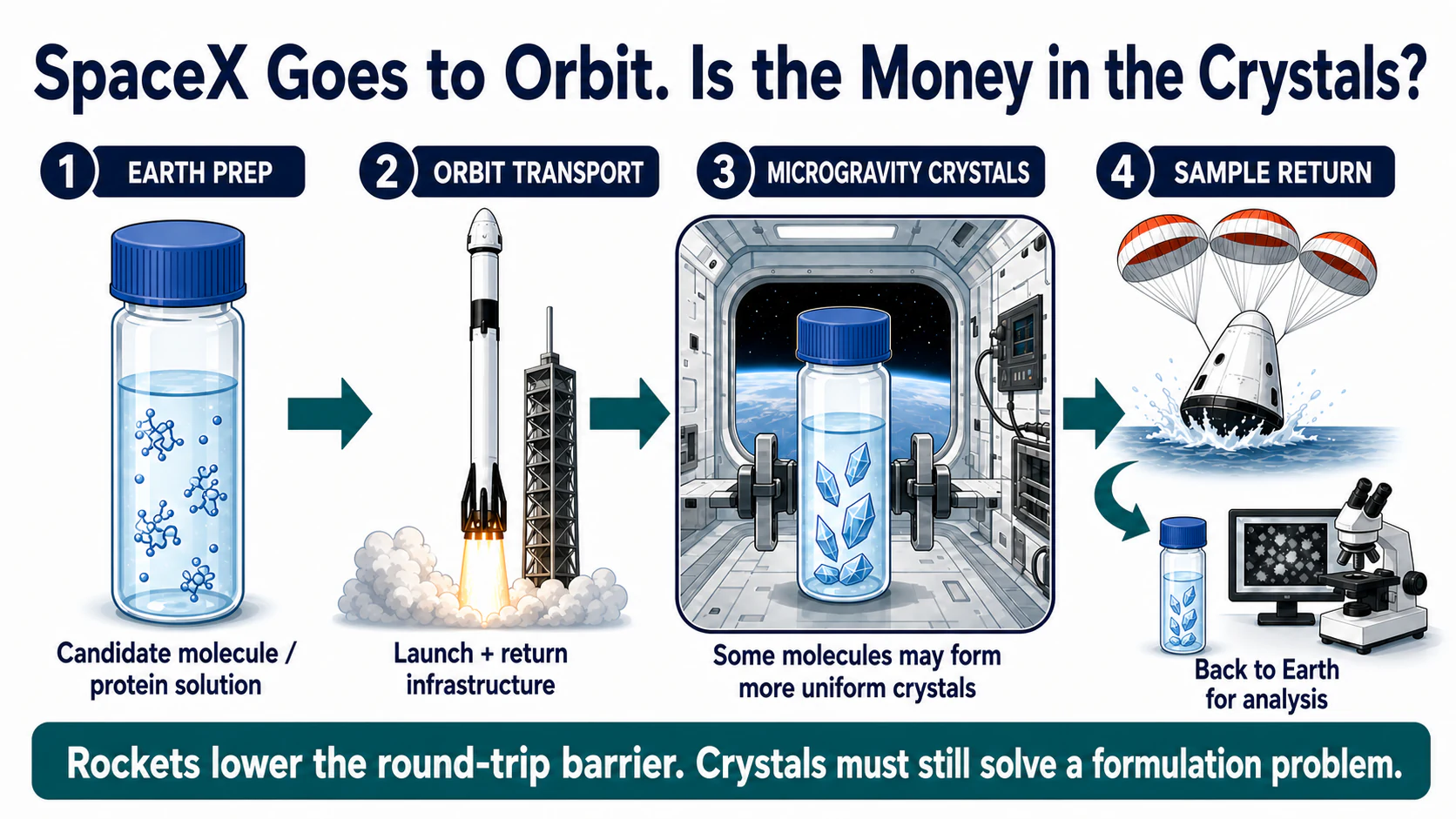 Candidate molecules travel to orbit and crystal samples return to Earth for analysis