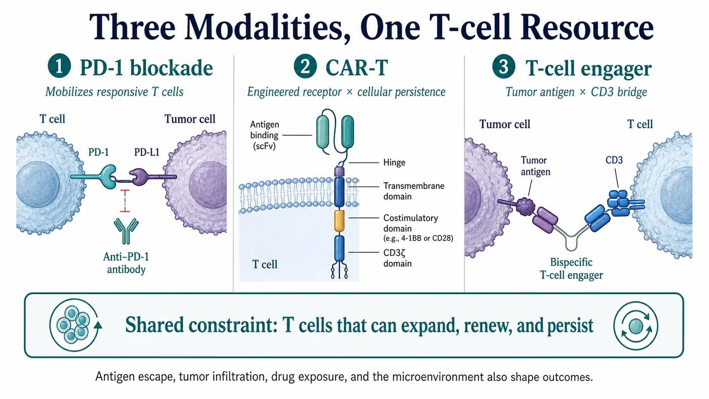 PD-1 blockade, CAR-T and T-cell engagers all depend on T cells that can expand, renew and persist