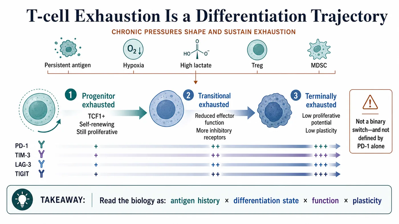 T-cell exhaustion progresses from progenitor-like through transitional to terminal states under persistent antigen and microenvironmental pressure