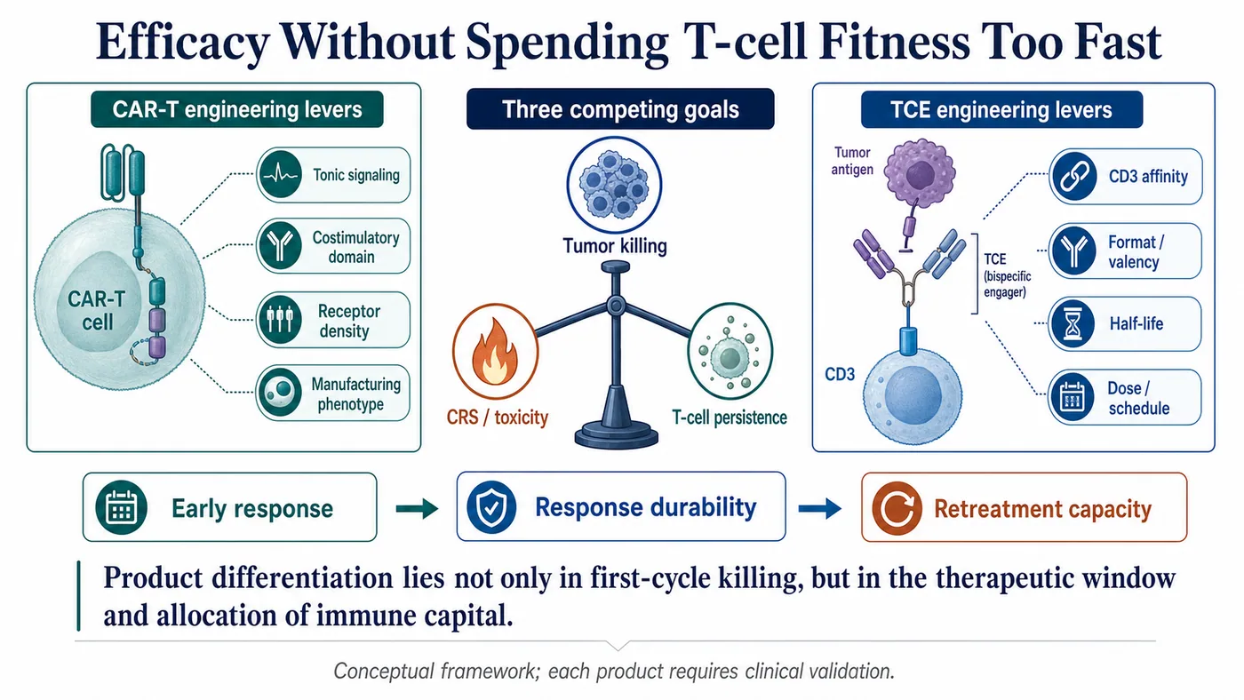 CAR-T and T-cell engagers must balance tumor killing, toxicity and T-cell persistence through product-specific engineering levers