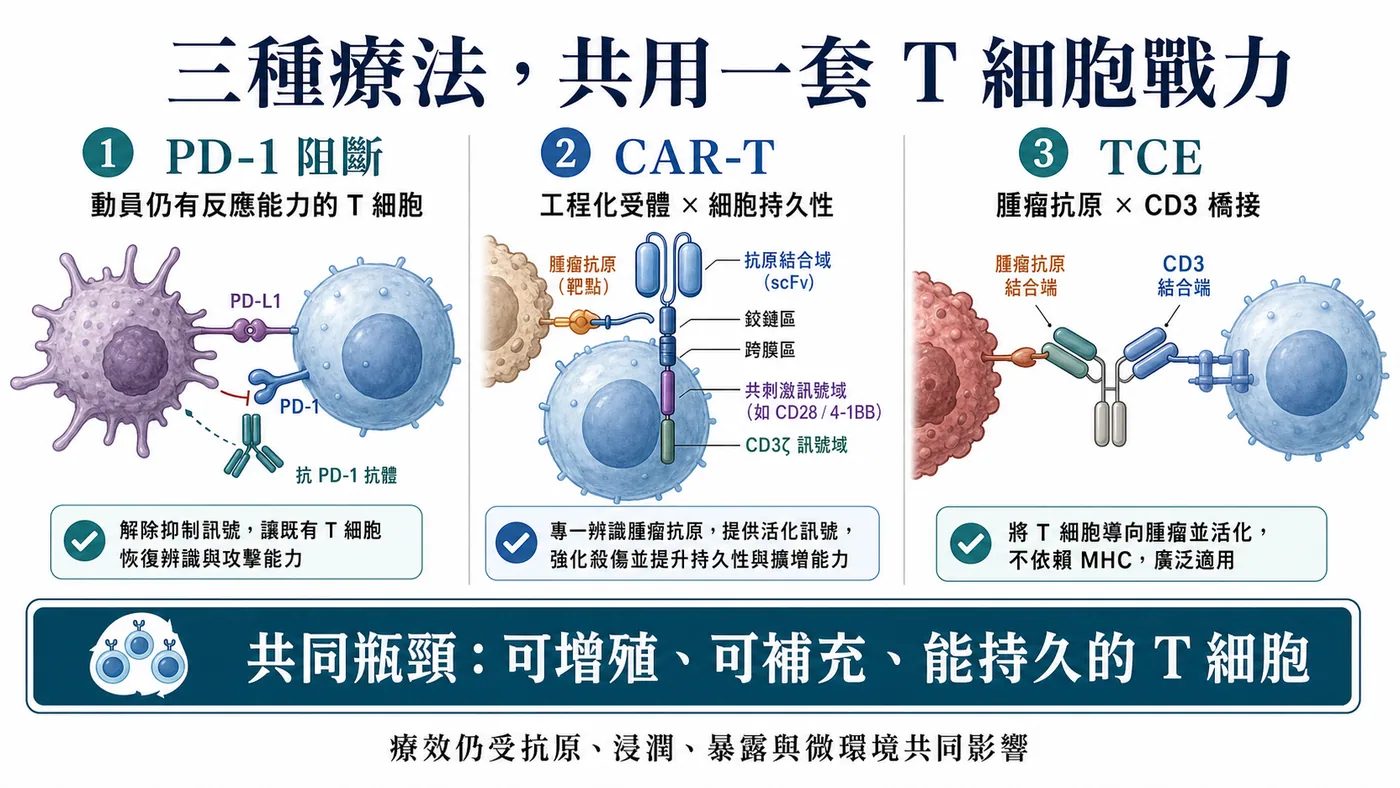 PD-1 阻斷、CAR-T 與 TCE 都依賴可增殖、可補充且能持久的 T 細胞戰力