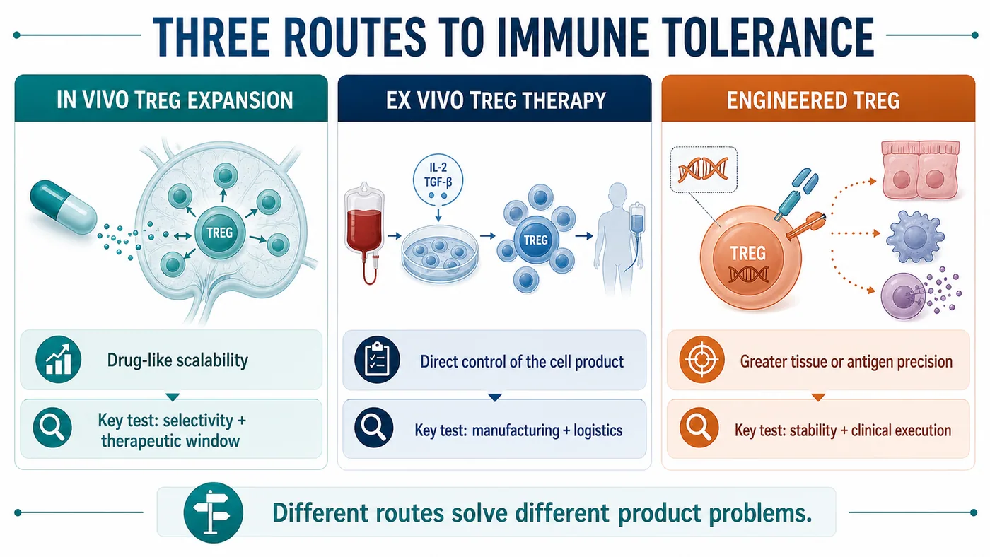In vivo Treg expansion, ex vivo Treg therapy and engineered Treg solve different product problems and carry different development tests
