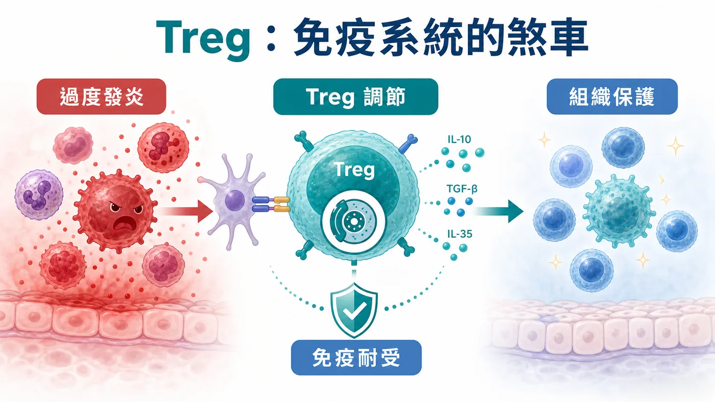 調節性 T 細胞像免疫系統的煞車，在必要時抑制過度反應並維持周邊免疫耐受