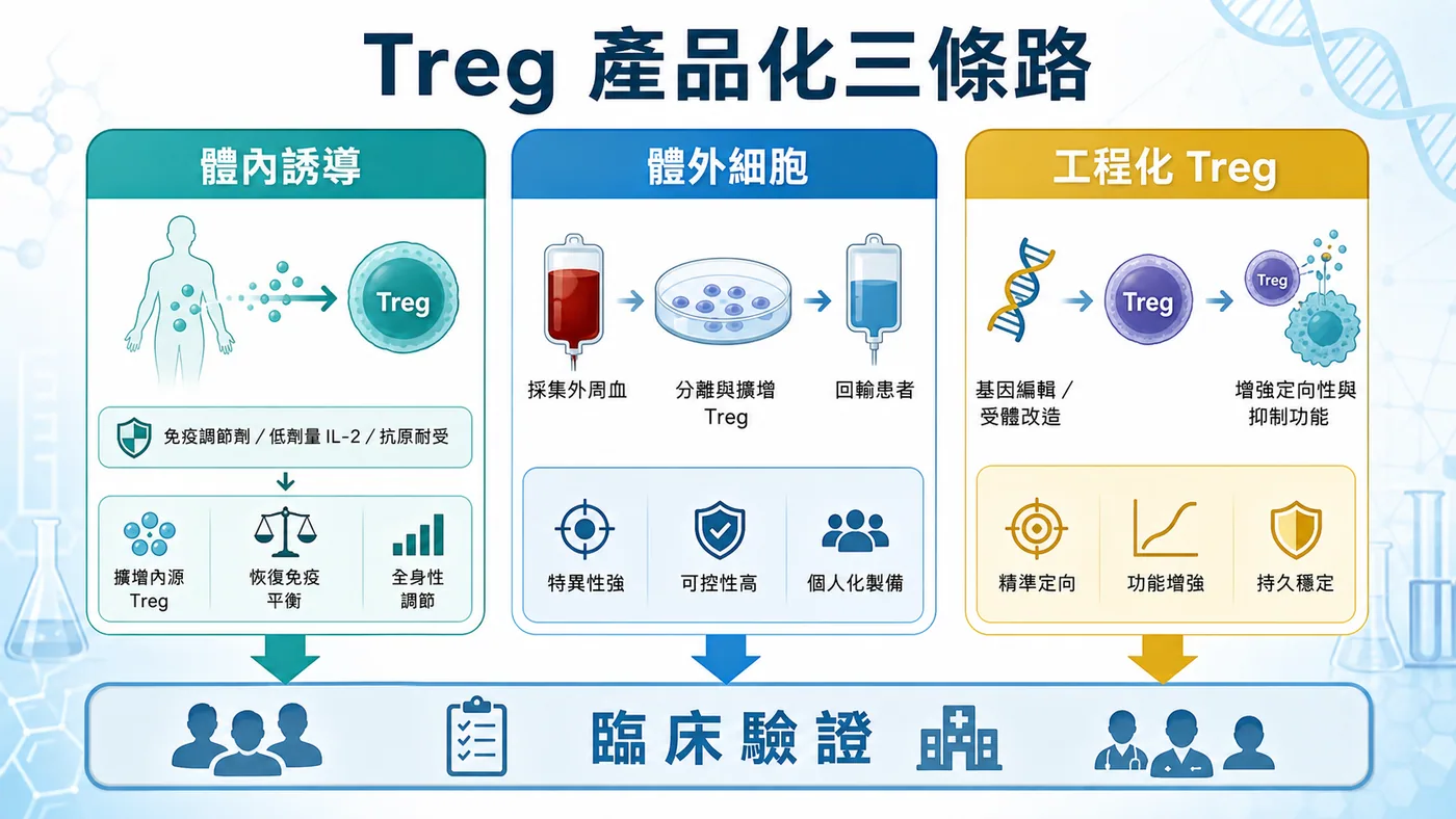 Treg 產品化可分為體內誘導或擴增、體外細胞療法與工程化 Treg 三條路徑