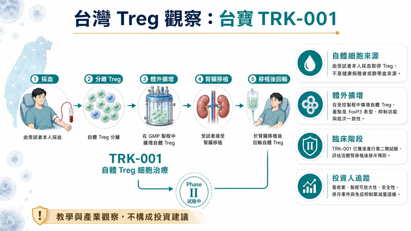台寶 TRK-001 自體 Treg 從採血、體外擴增、腎移植後回輸到第二期試驗的產品化路徑