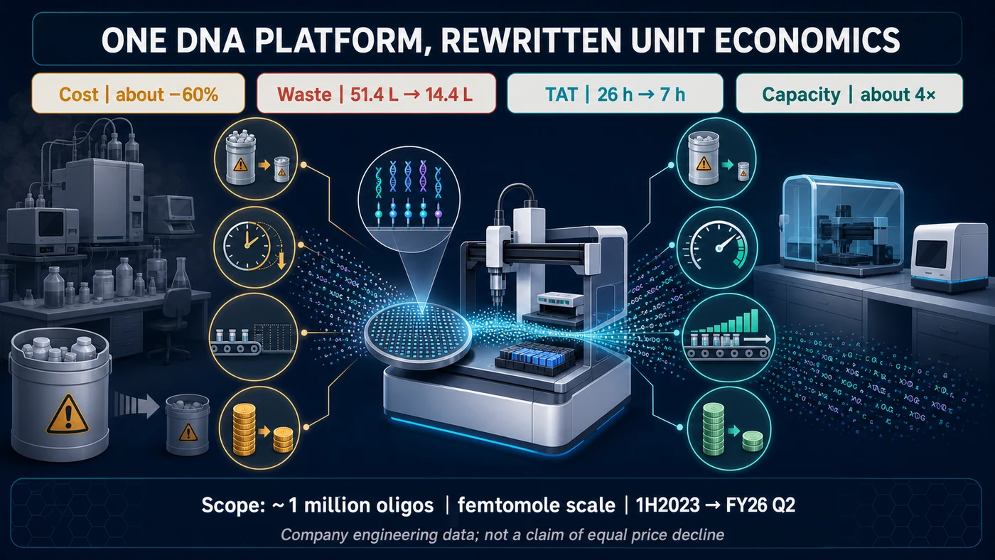 Figure 3 | Changes in cost, waste, turnaround time and capacity across Twist’s roughly one-million-oligo, femtomole-scale platform