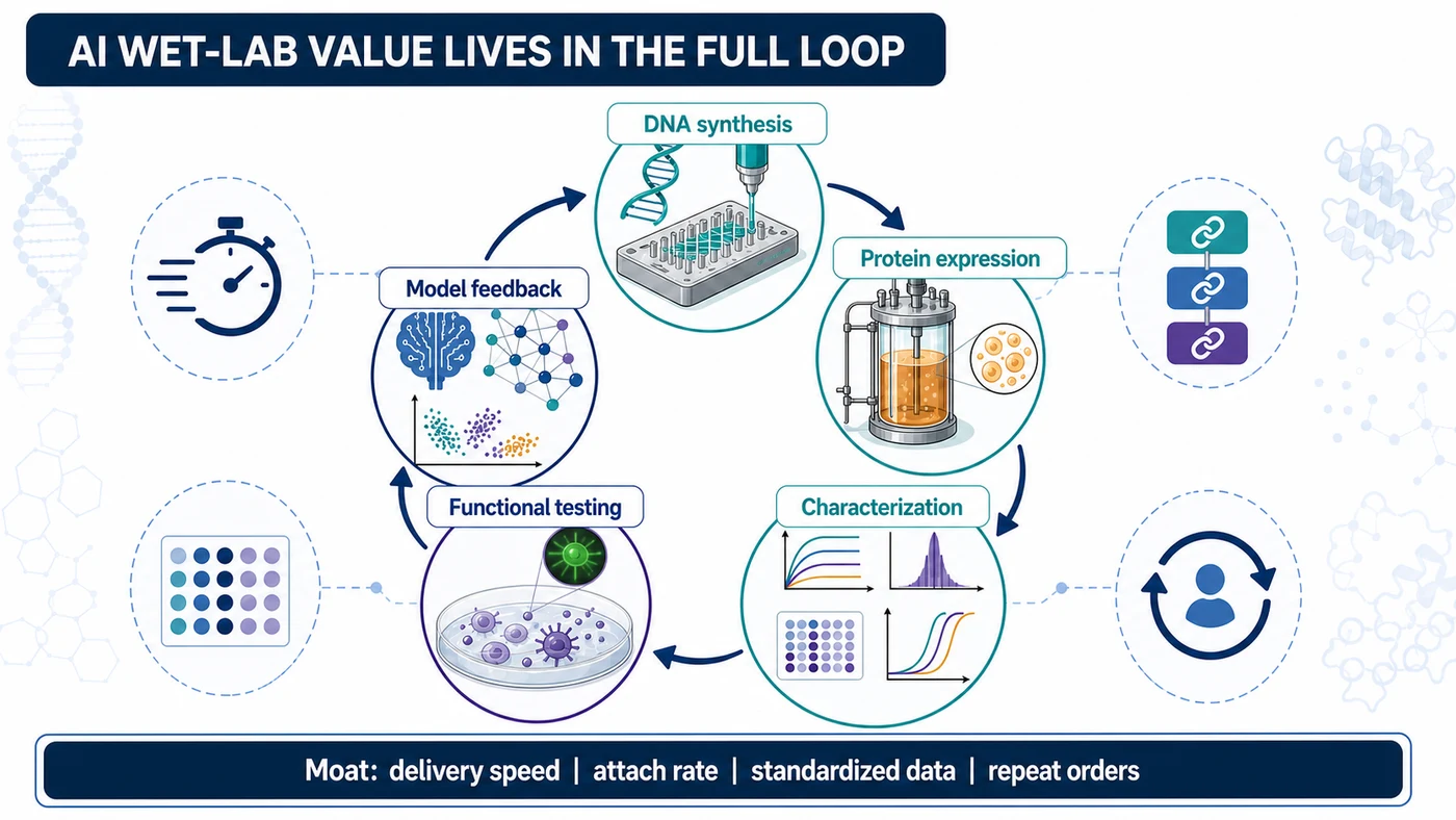 Figure 4 | DNA synthesis, protein expression, characterization, functional testing and model feedback form the full AI wet-lab loop