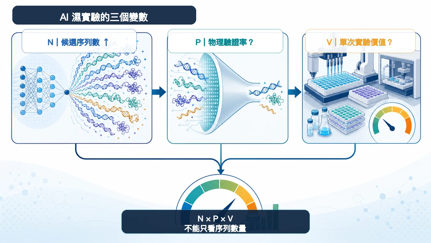 圖 2｜N、P、V 分別代表候選序列數、物理驗證率與單次實驗價值；序列數量不是唯一決定變數