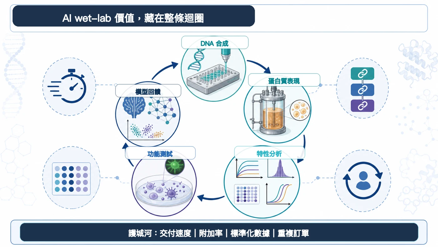 圖 4｜DNA 合成、蛋白質表現、特性分析、功能測試與模型回饋構成完整 AI wet-lab 迴圈