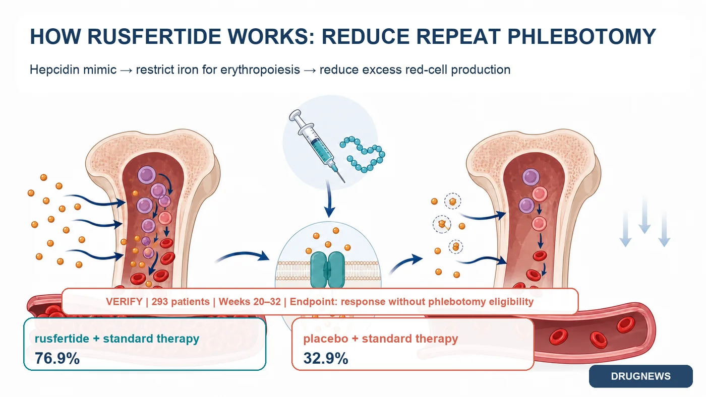 Figure 3 | Rusfertide mimics hepcidin and restricts iron availability; in VERIFY, the response without a phlebotomy indication was 76.9% versus 32.9%