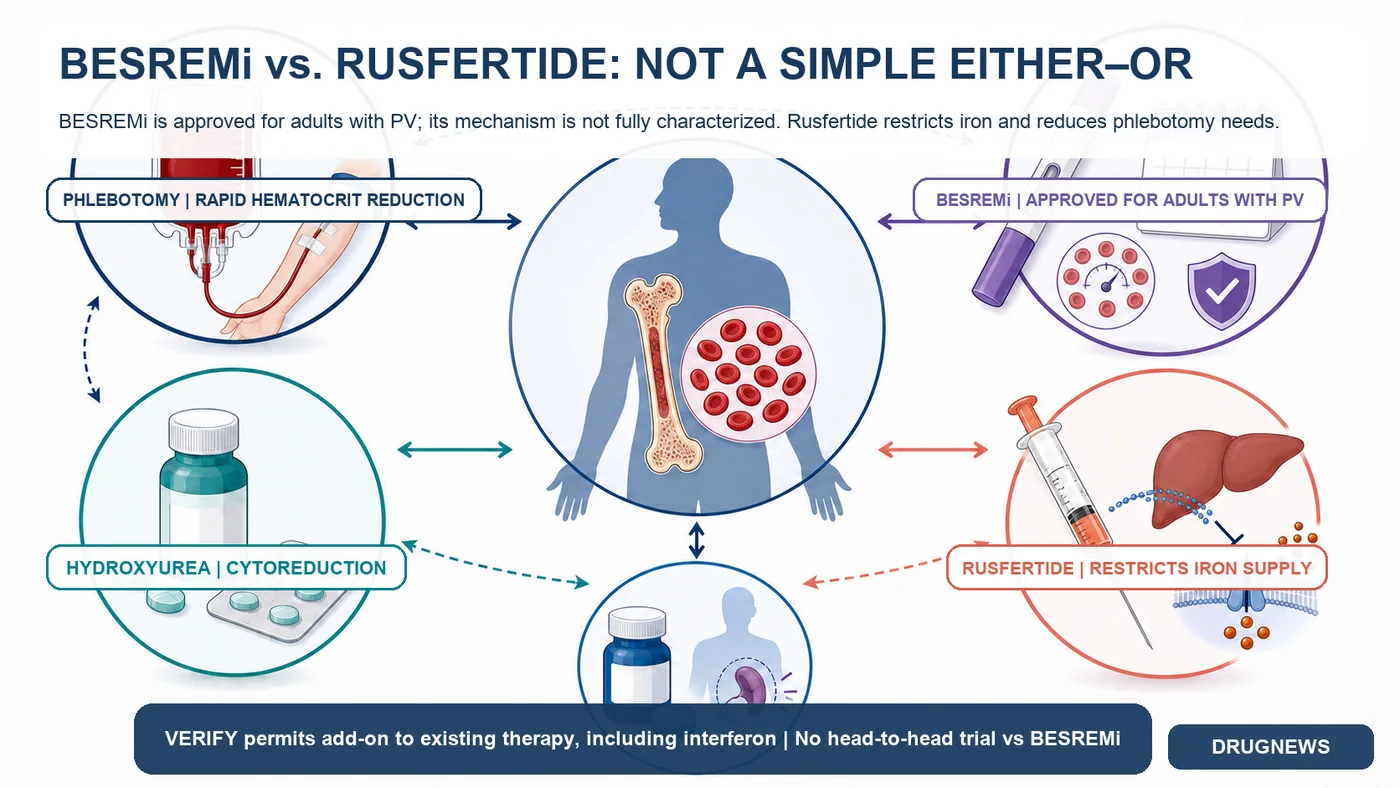 Figure 4 | BESREMi and rusfertide are not a simple either-or choice; VERIFY allowed rusfertide on top of existing therapy, and no head-to-head trial has compared the two