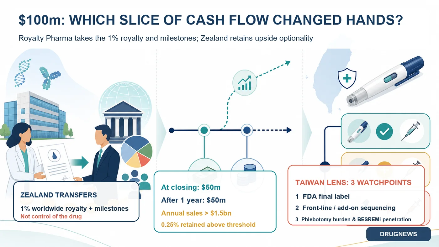 Figure 2 | Royalty Pharma acquired Zealand's 1% global royalty and milestones; Zealand retained 0.25% on annual net sales above $1.5 billion