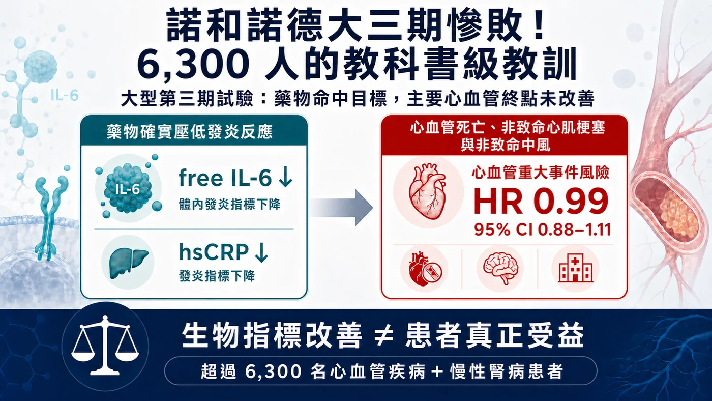 圖1|ZEUS 超過 6,300 人、HR 0.99,發炎指標下降但三點 MACE 未降低