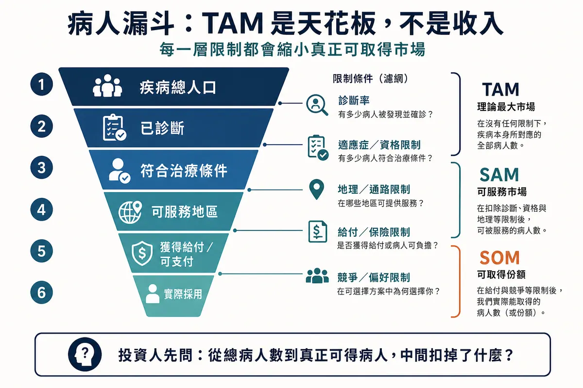 市場規模病人漏斗：從 TAM、SAM 到 SOM 的逐層篩選圖